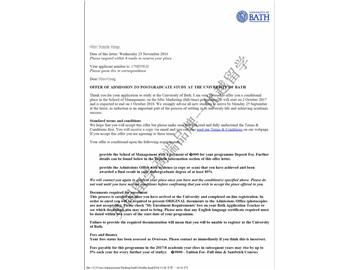 恭喜吳同學獲得巴斯大學市場營銷專業碩士通知書