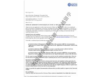 恭喜金同學獲得巴斯大學會計與金融專業碩士通知書