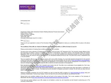 恭喜季同學獲得曼徹斯特大學國際時尚零售專業碩士通知書