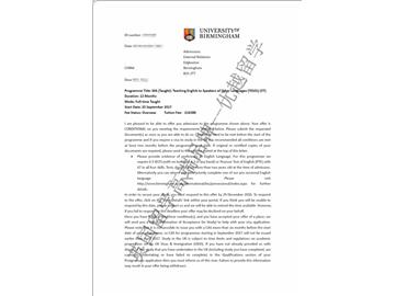 恭喜朱同學獲得伯明翰大學高等工程管理專業碩士通知書