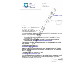 恭喜杜同學獲得謝菲爾德大學城市設計專業碩士通知書