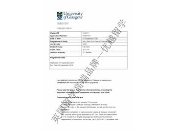 恭喜季同學獲得格拉斯哥大學臨床藥理學專業碩士通知書