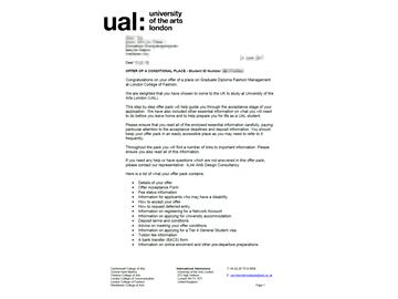 恭喜季同學獲得倫敦藝術大學時尚管理專業碩士通知書