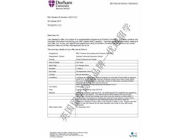 2018offer：恭喜王同學獲得杜倫大學金融（會計與金融）專業碩士通知書