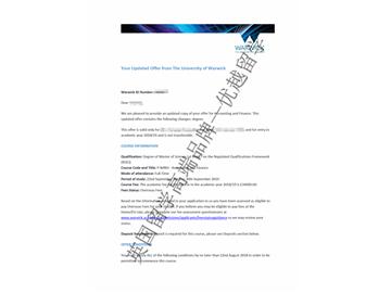 2018offer：恭喜王同學獲得華威大學會計與金融專業碩士通知書