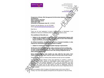 2018offer：恭喜吳同學獲得曼徹斯特大學信息系統管理專業碩士通知書