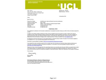 2019offer：恭喜王同學獲得倫敦大學學院經濟、國家與社會經濟商務專業碩士通知書