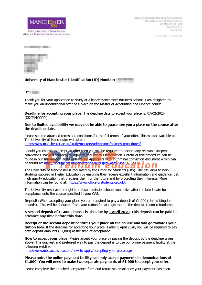 2020offer：恭喜徐同學獲得曼徹斯特大學會計金融專業碩士通知書
