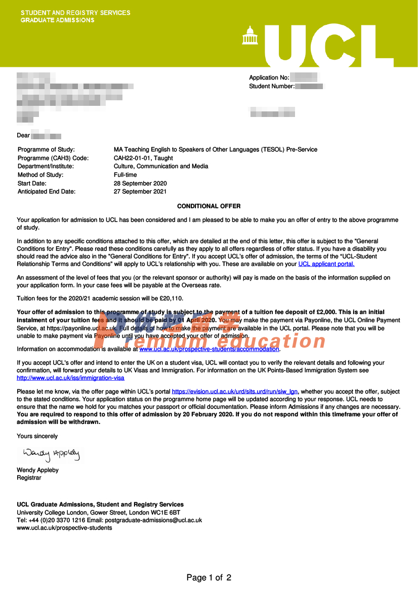 2020offer：恭喜吳同學(xué)獲得倫敦大學(xué)學(xué)院對(duì)外英語教學(xué)專業(yè)碩士通知書