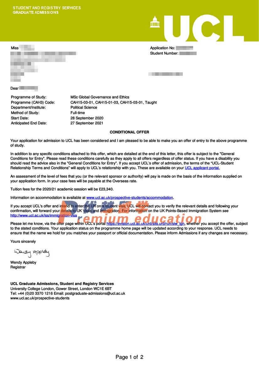 2020offer：恭喜鄭同學(xué)獲得倫敦大學(xué)學(xué)院國際管理與宗教專業(yè)碩士通知書