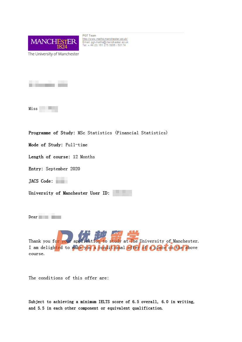 2020offer：恭喜雷同學(xué)獲得曼徹斯特大學(xué)統(tǒng)計(jì)學(xué)(金融統(tǒng)計(jì))專業(yè)碩士通知書
